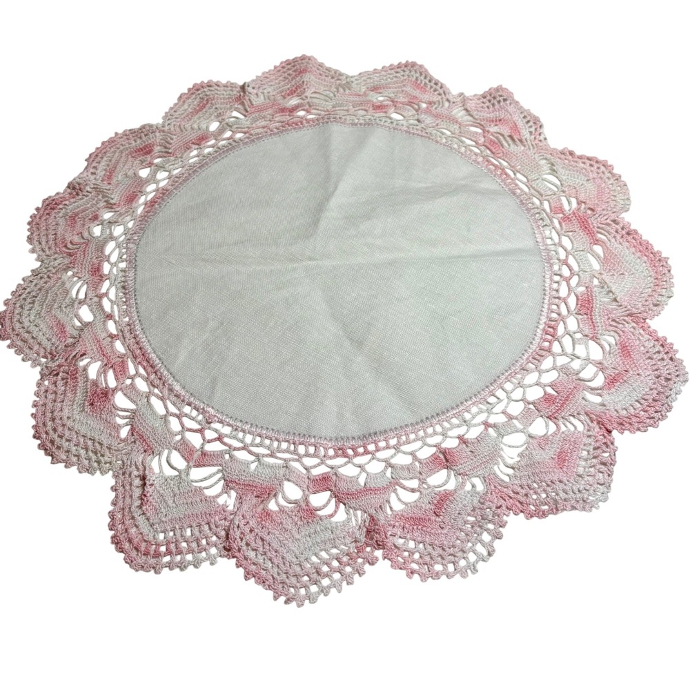 Vintage Round White Linen Doily Pink Variegated Crochet Lace Trim 12 Inch